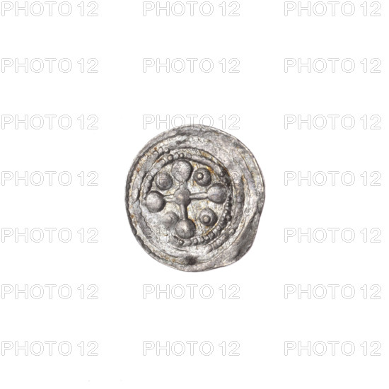 Denarius, Boleslaw III Krzywousty (prince of Poland; 1086–1138). Av.: In the beaded border, a knight in chain mail thrusting a spearhead into the jaws of an upside-down dragon; a sun under the knight's right elbow. Rv.: In the triple beaded border, an isosceles cross topped with balls; at the intersection of the arms, a ball; between the arms, one ball (with a dot on each); one arm intersects the other at approximately 1/3 of its length. Allegorical imagery referencing martyrs, knights, dragons, fight between good and evil, Adalbert (Saint; ca. 956–997), spears, fight against pagans. Romanesque style. c. 1125–1138. Poland, Kraków. Coin. Diameter 12.1–12.6 mm. Weight 0.35 g.