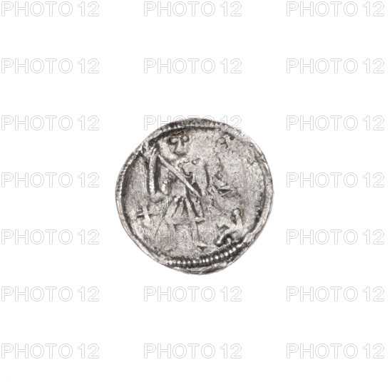 Denarius of Boleslaw III Krzywousty (prince of Poland, c. 1086–1138), c. 1125–1138. Obverse: within a beaded border, a knight in chain mail thrusting a spearhead into the jaws of an upside-down dragon; under the knight's right elbow, an isosceles cross with arms terminating in balls. Reverse: within a triple beaded border, an isosceles cross terminating in balls; at the intersection of the arms a ball, between them a single ball; on one arm a crossbar; one arm intersects the other at approximately one-third of its length. Romanesque style; iconography: knight (Saint Adalbert), dragons, fight between good and evil, martyrs, fight against pagans; materials: silver coin; diameter ~12.3–12.9 mm; weight 0.47 g.