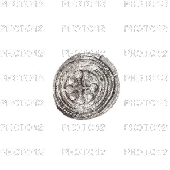 Denarius, Boleslaw III Krzywousty (prince of Poland; 1086–1138), c. 1125–1138. Obverse: within a beaded border, a knight in chain mail thrusting a spearhead into the jaws of an upside-down dragon; under the knight's right elbow, an isosceles cross with arms terminating in balls. Reverse: within a triple beaded border, an isosceles cross terminating in balls; at the intersection of the arms, a ball; between the arms, a single ball; one arm bears a crossbar and intersects the other at approximately one-third of its length. Romanesque style; themes include fight between good and evil, martyrs, Adalbert, fight against pagans. Coin; Poland, Kraków. Diameter 12.3–12.9 mm; weight 0.47 g.