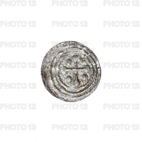 Denarius of Boleslaw III Krzywousty (prince of Poland; c. 1086–1138), c. 1125–1138. Obverse: in the beaded border, a knight in chain mail thrusting a spearhead into the jaws of an upside-down dragon. Reverse: in the triple beaded border, an isosceles cross topped with balls; between its arms, one ball (three of them with one dot). Iconography: chain mail, spearhead, equal-armed cross, crosses, mouth, knight, dragon, fight between good and evil, fight against pagans; depiction related to Saint Adalbert. Romanesque style. Coin (denarius). Diameter: 12.9–13.3 mm. Weight: 0.57 g.