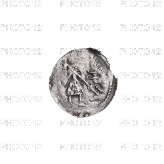 Denarius, Boleslaw III Krzywousty (prince of Poland; 1107–1138). Obverse: in the beaded border, a knight in chain mail thrusting a spearhead into the jaws of an upside-down dragon. Reverse: in the triple beaded border, an isosceles cross topped with balls; between its arms, one ball (one dot on each). Allegories; spearhead (issue mark); equal-armed cross; chain mail; crosses; mouth; knight; martyrs; Romanesque style; mouths; knights; dragons; fight between good and evil; dragon; fight against pagans; Middle Ages; Adalbert (Saint; ca. 956–997); spear, spears. c. 1125–1138. Poland, Kraków. Coin (denarius). Diameter 12.8–13.2 mm. Weight 0.44 g.