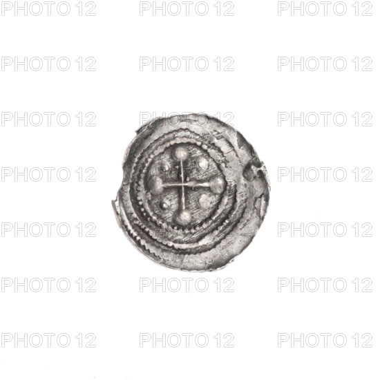 Denarius of Boleslaw III Krzywousty (prince of Poland; c. 1125–1138). Obverse: in the beaded border, a knight in chain mail thrusting a spearhead into the jaws of an upside-down dragon. Reverse: in a triple beaded border, an isosceles cross topped with balls; between its arms one ball (one dot on each). Iconography: knight, chain mail, spear/spearhead, dragon, fight between good and evil, fight against pagans, crosses, mouths; allegories; martyrs; Romanesque style. Associated figure: Adalbert (Saint; ca. 956–997). Coin type: denarius; diameter 12.8–13.2 mm; weight 0.44 g; Poland, Kraków; c. 1125–1138.