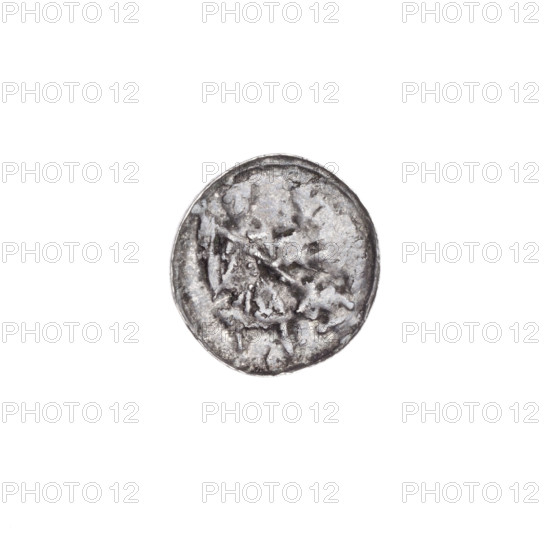 Denarius, Boleslaw III Krzywousty (prince of Poland; 1086–1138), c. 1125–1138. Obverse: in the beaded border, a knight in chain mail thrusting a spearhead into the jaws of an upside-down dragon; above the knight's left foot, on its outer side, a dot. Reverse: in the triple beaded border, an isosceles cross topped with balls; between its arms, one ball; one arm intersects the other at approximately 1/3 of its length. Allegorical/ Romanesque imagery referencing martyrs, knights, Adalbert (St., ca. 956–997), fight against pagans, fight between good and evil. Issue mark: spearhead. Materials/technique: coin. Place: Poland, Kraków. Diameter: ~12.3–12.6 mm. Weight: 0.36 g.
