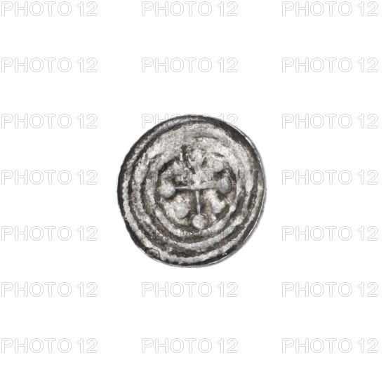 Denarius of Boleslaw III Krzywousty (prince of Poland; 1086–1138), c. 1125–1138. Obverse: in the beaded border, a knight in chain mail thrusting a spearhead into the upside-down jaws of a dragon; above the knight's left foot, on its outer side, a dot. Reverse: in the triple beaded border, an isosceles cross topped with balls; between its arms, one ball; one arm intersects the other at approximately 1/3 of its length. Allegorical/romanesque imagery (martyrs, knight, dragons, fight between good and evil, fight against pagans); spearhead (issue mark). Material: coin. Diameter 12.3–12.6 mm; weight 0.36 g. Made in Kraków, Poland.