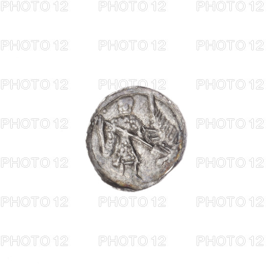 denarius, Boleslaw III Krzywousty (prince of Poland; 1086–1138), spearhead (issue mark), chain mail, equal-armed cross, crosses, knight, martyrs, mouth, Romanesque (style), dragon, fight between good and evil, fight against pagans, Adalbert (Saint; ca. 956–997), spear, Middle Ages; Av. In a linear border, a knight in chain mail thrusting a spearhead into the jaws of a dragon turned upside down. A small ball above the knight's right hand. Rv. In a triple beaded border, an isosceles cross topped with crossbars. Between its arms radiate two balls (smaller ones closer to the center of the cross, larger ones – two of them have a single dot on each). c. 1125–1138, Poland, Kraków; coin; diam. 12.2–12.8 mm; weight 0.61 g