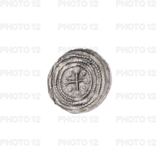 Denarius of Boleslaw III Krzywousty (prince of Poland, c. 1107–1138). Obverse: in a linear border, a knight in chain mail thrusting a spearhead into the jaws of an upside-down dragon. Reverse: in a triple beaded border, an isosceles cross topped with balls (two of them with one dot each); between its arms, one ball (two of them with one smaller dot each); one arm intersects the other at approximately 1/3 of its length. Iconography: spearhead (issue mark), equal-armed cross, crosses, allegories, chain mail, mouths, martyrs, knight, dragons, Romanesque style, dragon, knights, mouths, Middle Ages, Adalbert (St., ca. 956–997), fight between good and evil, fight against pagans, spear(s). Date: c. 1125–1138. Place: Kraków, Poland. Medium: coin. Diameter: 13.2–13.8 mm. Weight: 0.65 g.
