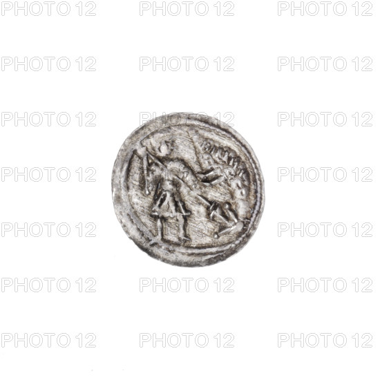 Denarius, Boleslaw III Krzywousty (prince of Poland; 1086–1138). Obverse: in the beaded border, a knight in chain mail thrusting a spearhead into the jaws of an upside-down dragon. Reverse: in a triple beaded border, an isosceles cross topped with balls (one with a dot); between its arms, a ball (three of them with a dot); one arm intersects the other at approximately 1/3 of its length. Allegorical imagery (martyrs, dragons, knight), Romanesque style, themes of Middle Ages, fight between good and evil, St. Adalbert (ca. 956–997), fight against pagans. Issue mark: spearhead. Date: c. 1125–1138. Place: Poland, Kraków. Material: coin (denarius). Diameter: 13.1–13.6 mm. Weight: 0.51 g.