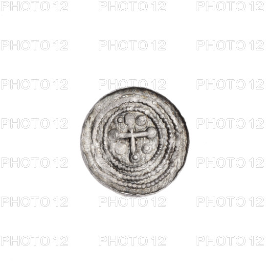 Denarius of Boleslaw III Krzywousty (prince of Poland, c. 1086–1138), c. 1125–1138. Av.: In a beaded border, a knight in chain mail thrusting a spearhead into the upside-down jaws of a dragon. Rv.: In a triple beaded border, an isosceles cross topped with balls (one with a dot); between its arms are balls (three with dots); one arm intersects the other at about 1/3 of its length. Attributes: spearhead (issue mark), equal-armed cross, crosses, chain mail, martyrs, dragon, knight, Romanesque style, Middle Ages, fight between good and evil, St. Adalbert (ca. 956–997), fight against pagans, spears. Coin, Poland (Kraków), diameter 13.1–13.6 mm, weight 0.51 g.
