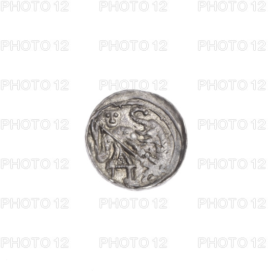 Denarius, Boleslaw III Krzywousty (prince of Poland; c. 1086–1138), c. 1125–1138. Av.: In linear border, a knight in chain mail thrusting a spearhead into the upside-down jaws of a dragon; a ball by the knight’s left foot. Rv.: In triple beaded border, an equal-armed (isosceles) cross topped with balls; between its arms three suns (one with a dot) and one ball with a dot; one arm intersects the other at ˜1/3 of its length. Romanesque style; iconography: Adalbert/St. and theme of fight between good and evil/ fight against pagans; motifs include spearhead, spears, crosses, chain mail, knights, dragons. Coin, Poland (Kraków), diameter ~12.1–12.5 mm, weight 0.58 g.
