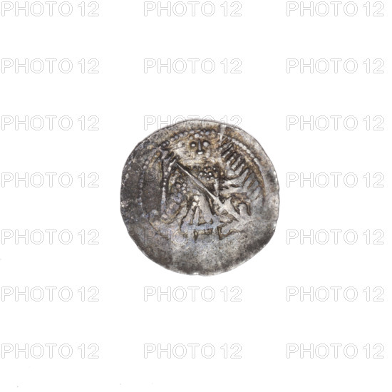 Denarius of Boleslaw III Krzywousty (prince of Poland; 1086–1138). Obverse: in the beaded border, a knight in chain mail thrusting a spearhead into the jaws of an upside-down dragon. Reverse: in the triple beaded border, an isosceles cross topped with balls (one dot on each); between its arms, one ball (one dot on each). Iconography: chain mail, spearhead, equal-armed cross, crosses, mouth, knight, dragons, dragon, martyrs, Romanesque style, fight between good and evil, fight against pagans, Adalbert (Saint; ca. 956–997). Date: ca. 1125–1138. Place: Poland, Kraków. Medium: coin (denarius). Diameter: 13.1–13.5 mm. Weight: 0.76 g.