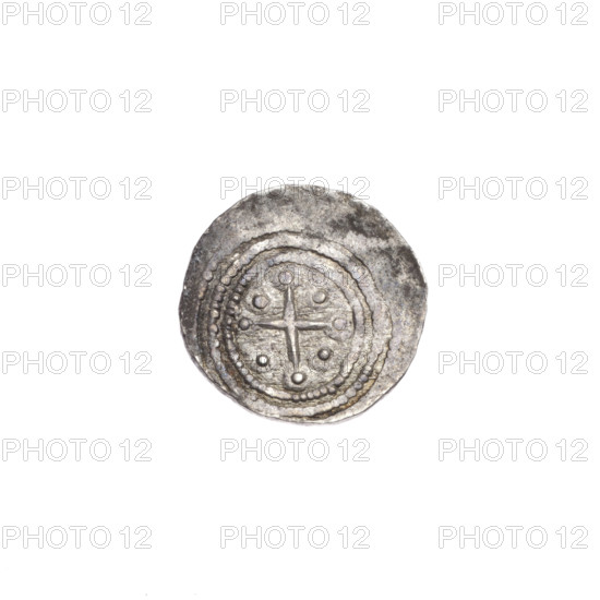 Denarius, Boleslaw III Krzywousty (prince of Poland; 1086–1138). Obverse: in the beaded border, a knight in chain mail thrusting a spearhead into the jaws of an upside-down dragon. Reverse: in the triple beaded border, an isosceles cross topped with balls (one dot on each); between its arms, one ball (one dot on each). Iconography: chain mail, spearhead (issue mark), equal-armed cross, crosses, mouth, knight, martyrs, Romanesque style, dragons, dragon, Middle Ages, fight between good and evil, fight against pagans, Adalbert (Saint; ca. 956–997), spear, spears. Date: ca. 1125–1138. Poland. Coin; diameter 13.1–13.5 mm; weight 0.76 g.