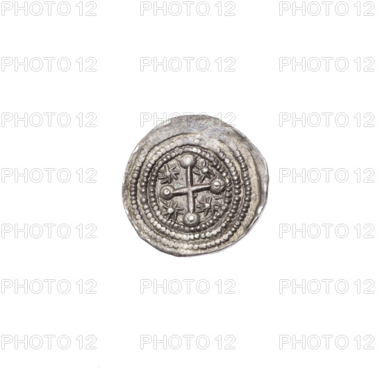 denarius, Boleslaw III Krzywousty (prince of Poland; 1086-1138), allegories, spearhead (issue mark), equal-armed cross, crosses, chain mail, martyrs, knight, Romanesque (style), jaws, jaw, knights, dragon, Middle Ages, fight between good and evil, fight against pagans, spear, spears, Adalbert (St.; ca. 956-997). Av. In the beaded border, a knight in chain mail thrusting a spearhead into the jaws of a dragon turned upside down. Rv. In the triple beaded border, an isosceles cross topped with spheres (one dot on each). Between its arms, a single sun (one dot on each). ca. 1125–1138, Kraków, Poland. Coin; diameter 12.2–12.7 mm; weight 0.57 g.