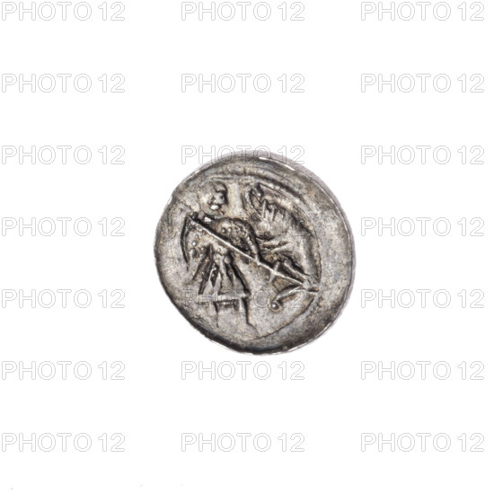 Denarius of Boleslaw III Krzywousty (prince of Poland; c. 1125–1138). Obverse: within a beaded border, a knight in chain mail thrusting a spearhead into the jaws of an upside-down dragon. Reverse: within a triple beaded border, an isosceles cross topped with balls (two with one dot each); a dot at the crossing of the arms; a sun between the arms (two with one dot each). Iconography: spearhead, chain mail, equal-armed cross, crosses, knight, martyrs, Romanesque style, dragons, jaws, fight between good and evil, spear, fight against pagans, Saint Adalbert (ca. 956–997). Poland, Kraków. Coin; diameter 13.1–13.8 mm; weight 0.72 g.