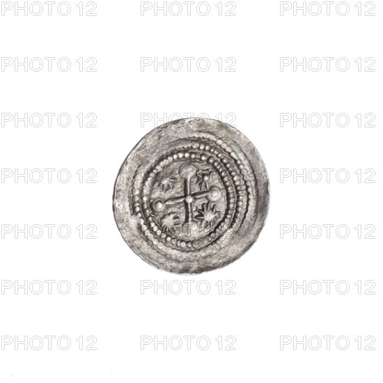 Denarius of Boleslaw III Krzywousty (prince of Poland, c. 1107–1138). Obverse: in a beaded border, a knight in chain mail thrusting a spearhead into the upside-down jaws of a dragon. Reverse: in a triple beaded border, an isosceles cross topped with balls (two with one dot each); a dot at the crossing of the arms; between the arms, one sun (two with one dot each). Iconography: spearhead, chain mail, equal-armed cross, crosses, knight, martyrs, Romanesque style, dragons, jaws, fight between good and evil, spear, fight against pagans, Saint Adalbert (ca. 956–997). Date: c. 1125–1138. Place: Poland, Kraków. Coin (denarius). Diameter: 13.1–13.8 mm. Weight: 0.72 g.