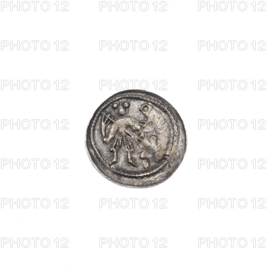 denarius, Boleslaw III Krzywousty (prince of Poland; 1086–1138), allegories, spearhead (issue mark), equal-armed cross, chain mail, chain mails, crosses, mouth, martyrs, knight, Romanesque (style), dragons, knights, dragon, mouths, Middle Ages, fight between good and evil, Adalbert (St.; ca. 956–997), spear, spears, fight against pagans. Av. In the beaded border, a knight in chain mail thrusting a spearhead into the jaws of an upside-down dragon. Rv. In the triple beaded border, an isosceles cross topped with balls; between its arms, one sun. ca. 1125–1138, Poland, Kraków, coin, diameter 12.1–12.3 mm, weight 0.38 g