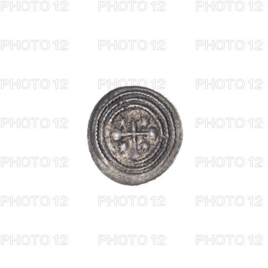 Denarius, Boleslaw III Krzywousty (prince of Poland; 1086–1138). Obverse: in the beaded border, a knight in chain mail thrusting a spearhead into the jaws of an upside-down dragon. Reverse: in the triple beaded border, an isosceles cross topped with balls; between its arms, one sun. Attributes/ motifs: spearhead (issue mark), equal-armed cross, chain mail, crosses, mouths, dragons, knights, martyrs, Adalbert (St.; ca. 956–997), spears, fight between good and evil, fight against pagans; Romanesque style; Middle Ages. Date: ca. 1125–1138. Place: Poland, Kraków. Medium: coin. Diameter: 12.1–12.3 mm. Weight: 0.38 g.