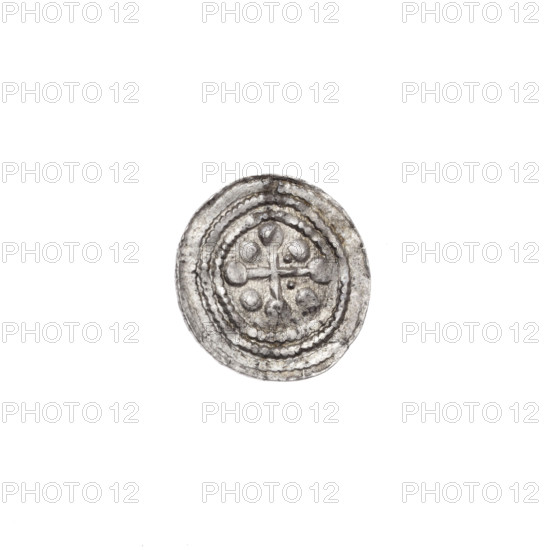 denarius, Boleslaw III Krzywousty (Prince of Poland; 1107–1138), allegories, spearhead (issue mark), equal-armed cross, chain mail, jaws, knight, martyrs, Romanesque (style), knights, dragons, Middle Ages, dragon, fight against pagans, Adalbert (Saint; ca. 956–997), spear, fight between good and evil, spears. Av. In the beaded border, a knight in chain mail thrusting a spearhead into the jaws of a dragon turned upside down. Rv. In the triple beaded border, an isosceles cross topped with balls. Between its arms, one ball; closer to the center of the cross, between the three arms, two smaller balls. c. 1125–1138. Poland, Kraków. Coin. Diameter 12.0–12.5 mm. Weight 0.50 g.