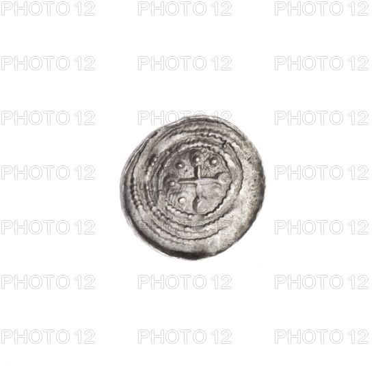 Denarius of Boleslaw III Krzywousty (prince of Poland; 1086–1138/ruled 1107–1138). Obverse: in the linear border, a knight in chain mail thrusting a spearhead into the jaws of an upside-down dragon. Reverse: in the triple beaded border, an isosceles cross topped with balls (two with one dot each); between its arms, one ball each with one dot. Allegories: fight between good and evil; motifs include equal-armed cross, crosses, spearhead (issue mark), spears, jaws, chain mail, knight, dragons, dragon, martyrs, Adalbert (St.; ca. 956–997), Romanesque style. c. 1125–1138, Poland, Kraków. Coin; diameter 12.2–12.9 mm; weight 0.53 g.