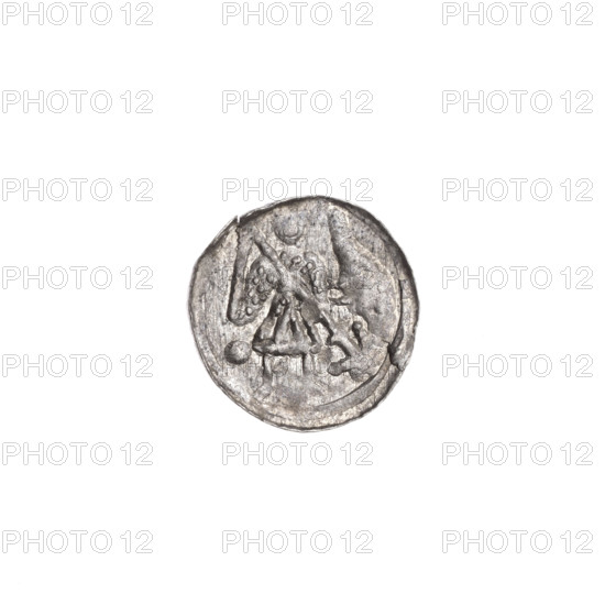 denarius, Boleslaw III Krzywousty (prince of Poland; 1107–1138), allegories, equal-armed cross, crosses, chain mail, spearhead (issue mark), mouth, chain mail, knight, martyrs, Romanesque (style), dragons, dragon, Middle Ages, mouths, knights, Adalbert (St.; ca. 956–997), fight between good and evil, fight against pagans, spear, spears. Av. In the linear border, a knight in chain mail thrusting a spearhead into the jaws of a dragon turned upside down. A ball under the knight's right elbow. Rv. In the triple beaded border, an isosceles cross topped with balls. At the intersection of the arms, a ball. Between them, one ball (one of them has a dot). One arm intersects the other at approximately 1/3 of its length. c. 1125–1138, Poland, Kraków, coin; diameter 12.5–12.9 mm; weight 0.39 g.