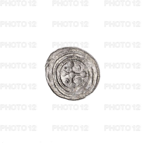 denarius, Boleslaw III Krzywousty (prince of Poland; 1086–1138), allegories, equal-armed cross, crosses, chain mail, spearhead (issue mark), mouth, chain mail, knight, martyrs, Romanesque (style), dragons, dragon, Middle Ages, mouths, knights, Adalbert (St.; ca. 956–997), fight between good and evil, fight against pagans, spear, spears. Av. In the linear border, a knight in chain mail thrusting a spearhead into the jaws of a dragon turned upside down. A ball under the knight's right elbow. Rv. In the triple beaded border, an isosceles cross topped with balls. At the intersection of the arms, a ball. Between them, one ball (one of them has a dot). One arm intersects the other at approximately 1/3 of its length. c. 1125–1138. Poland, Kraków. Coin. Diameter 12.5–12.9 mm. Weight 0.39 g.