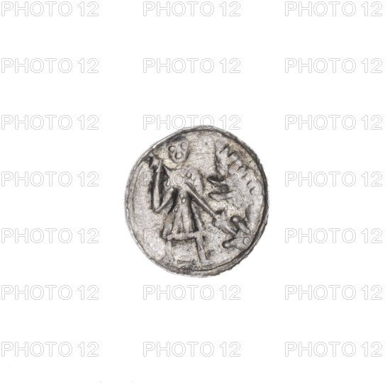Denarius, Boleslaw III Krzywousty (prince of Poland; 1086–1138). Obverse: in a linear border, a knight in chain mail thrusting a spearhead into the jaws of an upside-down dragon; a dot on the outer side of the knight's left shin. Reverse: in a triple beaded border, an isosceles cross topped with balls; one ball between its arms. Allegories of martyrs/knights; motifs include equal-armed cross, spearhead (issue mark), spears, chain mail, mouths, dragons; Romanesque style; themes: Adalbert (St.; ca. 956–997), fight between good and evil, fight against pagans. c. 1125–1138. Poland, Kraków. Coin; diameter 12.5 mm; weight 0.48 g.