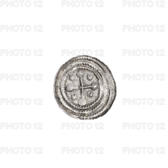 Denarius of Boleslaw III Krzywousty (prince of Poland; 1107–1138). Obverse: In a linear border, a knight in chain mail thrusting a spearhead into the jaws of an upside-down dragon; a dot on the outer side of the knight's left shin. Reverse: In a triple beaded border, an isosceles cross topped with balls; a ball between its arms. Allegorical Romanesque style; themes: martyrs, knight, dragons, fight between good and evil, fight against pagans; depiction related to Adalbert (St.; ca. 956–997). Issue mark: spearhead; crosses. c. 1125–1138. Poland, Kraków. Coin (denarius). Diameter 12.5 mm; weight 0.48 g.