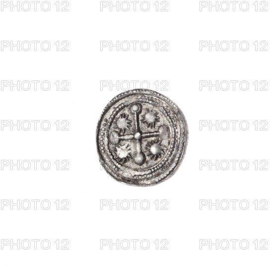 Denarius, Boleslaw III Krzywousty (prince of Poland; 1086–1138). Obverse: in a linear border, a knight in chain mail thrusting a spearhead into the jaws of an upside-down dragon. Reverse: in a triple beaded border, an isosceles cross topped with spheres (one with a dot); at the intersection of the arms, a sphere; between the arms, a single sun. Romanesque style; iconography references Adalbert (St.), martyrs, knights, dragons, fight against pagans, fight between good and evil. Circa 1125–1138, Poland, Kraków. Coin; diameter 11.6–11.9 mm; weight 0.53 g.