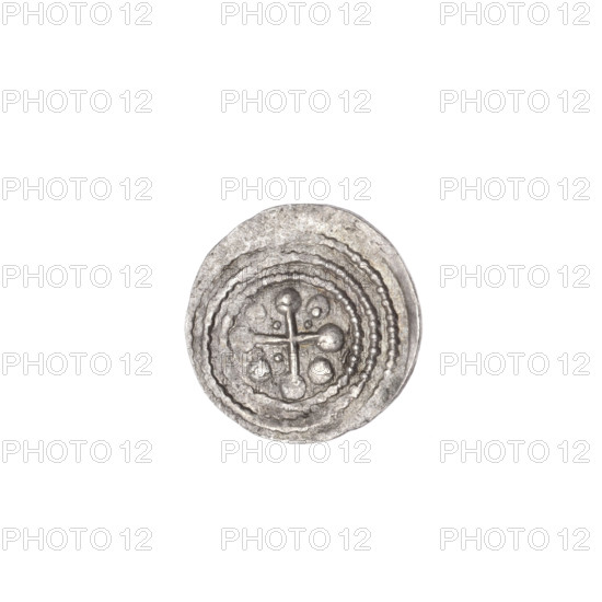 Denarius, Boleslaw III Krzywousty (prince of Poland; 1107–1138). Obverse: in the beaded border, a knight in chain mail thrusting a spearhead (issue mark) into the jaws of an upside-down dragon; depiction includes chain mail, mouth, knight, dragon — Romanesque style; themes: martyrs, fight against pagans, fight between good and evil; possibly St. Adalbert (ca. 956–997) associations. Reverse: in the triple beaded border, an isosceles cross topped with spheres (one with a dot); between its arms radiate two spheres (smaller ones nearer the center, larger ones with dots on two). c. 1125–1138, Poland, Kraków. Coin; diameter 12.7–13.3 mm; weight 0.45 g.