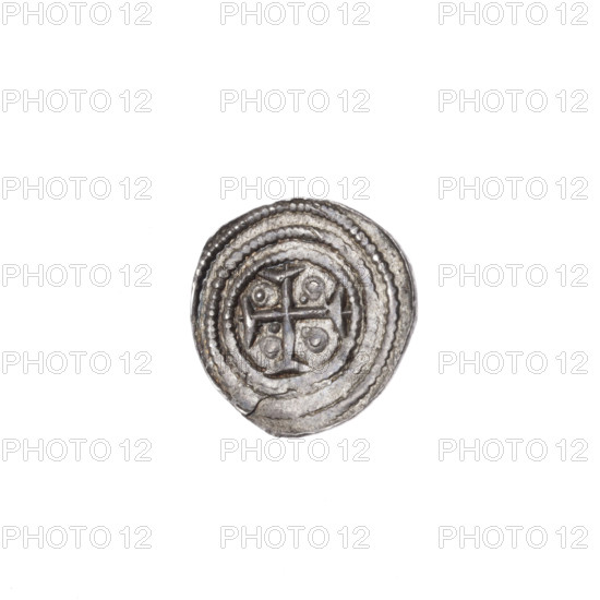 denarius, Boleslaw III Krzywousty (prince of Poland; 1086–1138), Romanesque style, c. 1125–1138. Obverse: in the beaded border, a knight in chain mail thrusting a spearhead into the jaws of an upside-down dragon; motifs include equal-armed cross, chain mail, crosses, spearhead (issue mark), knight, dragons, mouths, Adalbert (St.; ca. 956–997), fight between good and evil, fight against pagans. Reverse: in the triple beaded border, an isosceles cross topped with crossbars; between its arms radiate two spheres (smaller ones closer to the center, larger ones each with a single dot). Coin; Poland, Kraków. Diameter 12.7–12.9 mm; weight 0.65 g.