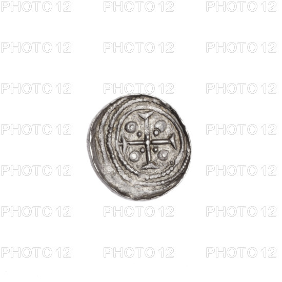denarius, Boleslaw III Krzywousty (Prince of Poland; 1107–1138), Boleslaw III Krzywousty (Prince of Poland; 1086–1138), allegories, chain mail, spearhead (issue mark), equal-armed cross, crosses, jaws, chain mail, martyrs, knight, dragons, Romanesque (style), jaws, dragon, knights, Middle Ages, fight against pagans, fight between good and evil, spear, Adalbert (Saint; ca. 956–997), spears. Av. In the beaded border, a knight in chain mail thrusting a spearhead into the jaws of an upside-down dragon. Rv. In the triple beaded border, an isosceles cross terminated with crossbars; a dot at the crossbar intersection. Between them, radiating two spheres (smaller ones closer to the center of the cross, larger ones—three of them have one dot each). c. 1125–1138, Poland, Kraków. Coin; diameter 12.3–12.8 mm, weight 0.54 g.