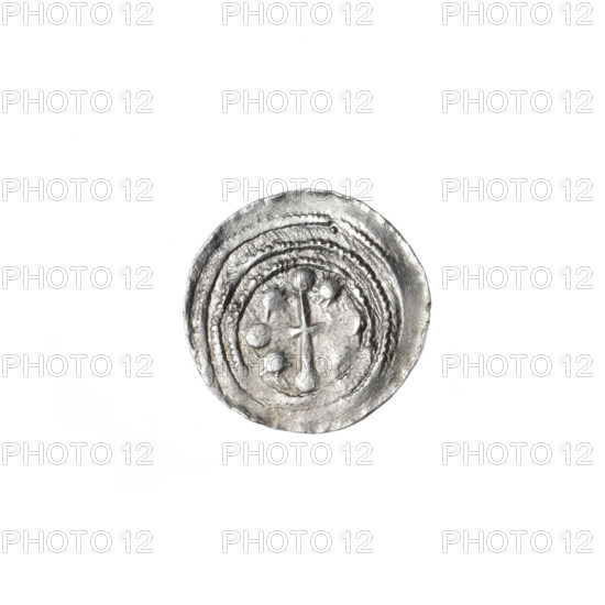 Denarius of Boleslaw III Krzywousty (prince of Poland; ca. 1086–1138), ca. 1125–1138. Obverse (beaded border): a knight in chain mail thrusting a spearhead into the jaws of an upside-down dragon. Reverse (triple beaded border): an isosceles cross topped with balls; between its arms, a sun. Issue mark: spearhead. Motifs: equal-armed cross, chain mail, knights, dragons, fight between good and evil, spears, martyrs; possible reference to St. Adalbert (ca. 956–997) and the medieval fight against pagans. Coin; Poland, Kraków; diameter ~13.1–13.3 mm; weight 0.58 g; Romanesque style.