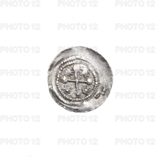 denarius, Boleslaw III Krzywousty (prince of Poland; 1107–1138), allegories, equal-armed cross, chain mail, crosses, jaws, martyrs, knight, Romanesque (style), dragons, spearhead (issue mark), Middle Ages, dragon, fight between good and evil, jaws, fight against pagans, spear, Adalbert (Saint; ca. 956–997), knights, spears. Obv.: In the beaded border, a knight in chain mail thrusting a spearhead into the jaws of a dragon turned upside down. Rv.: In the triple beaded border, an isosceles cross topped with balls (three of them have one dot each; the fourth may also have it — lack of striking makes observation impossible). Between its arms, one sun (two of them have one dot each; the remaining two may also have it — lack of striking makes observation impossible). ca. 1125–1138. Poland, Kraków. Coin. Diameter 12.9–13.1 mm. Weight 0.61 g.