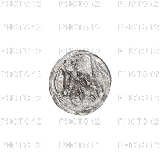denarius, Boleslaw III Krzywousty (prince of Poland; 1107–1138), Boleslaw III Krzywousty (prince of Poland; 1086–1138), allegories, equal-armed cross, crosses, spearhead (issue mark), chain mail, mouth, knight, dragons, martyrs, knight, dragon, Romanesque (style), Middle Ages, fight between good and evil, fight against pagans, spear, spears, Adalbert (St.; ca. 956–997). Av. In the linear border, a knight in chain mail thrusting a spearhead into the jaws of a dragon turned upside down. A ball under the knight's right elbow. Rv. In the triple beaded border, an isosceles cross topped with balls. Between its arms, a single sun. c. 1125–1138. Poland, Kraków. Coin. Diameter 12.6–13.1 mm. Weight 0.35 g.