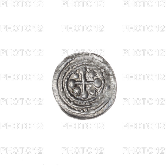 Denarius of Boleslaw III Krzywousty (prince of Poland; 1086–1138 / ruled 1107–1138). Av.: In a linear border, a knight in chain mail thrusting a spearhead into the jaws of an upside-down dragon; a ball beneath the knight's right elbow. Rv.: In a triple beaded border, an isosceles cross topped with balls; a single sun between its arms. Allegorical Romanesque imagery evoking knights, dragons, martyrs, the fight between good and evil and against pagans; motifs include equal-armed cross, crosses, spearhead (issue mark), chain mail, mouths. References St. Adalbert (ca. 956–997). c. 1125–1138, Poland, Kraków. Coin; diameter 12.6–13.1 mm, weight 0.35 g.