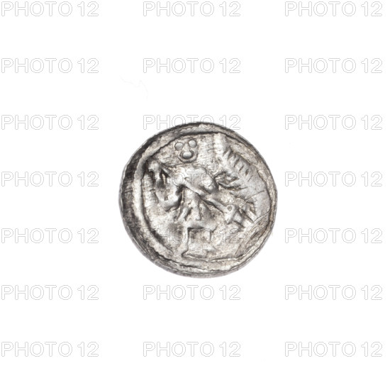 denarius, Boleslaw III Krzywousty (prince of Poland; 1086–1138), allegories, spearhead (issue mark), chain mail (iconographic), chain mails, equal-armed cross (iconographic), crosses, jaws (iconographic), martyrs, knight (iconographic), Romanesque (style), dragons, jaws, knights, fight between good and evil (iconographic), Middle Ages, dragon (iconographic), Adalbert (Saint; ca. 956–997), spear (iconographic), fight against pagans (iconographic), spears. Obv. In the beaded border, a knight in chain mail thrusting a spearhead into the jaws of a dragon turned upside down. Rv. In the triple beaded border, an isosceles cross topped with balls; between its arms, one ball. ca. 1125–1138, Poland, Kraków, coin, diameter 12.7 mm, weight 0.44 g