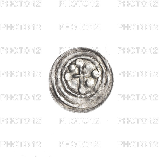 denarius, Boleslaw III Krzywousty (prince of Poland; 1086–1138), allegories, spearhead (issue mark), chain mail (iconographic), chain mails, equal-armed cross (iconographic), crosses, jaws (iconographic), martyrs, knight (iconographic), Romanesque (style), dragons, jaws, knights, fight between good and evil (iconographic), Middle Ages, dragon (iconographic), Adalbert (Saint; ca. 956–997), spear (iconographic), fight against pagans (iconographic), spears. Obv. In the beaded border, a knight in chain mail thrusting a spearhead into the jaws of a dragon turned upside down. Rv. In the triple beaded border, an isosceles cross topped with balls; between its arms, one ball. ca. 1125–1138, Poland, Kraków, coin, diameter 12.7 mm, weight 0.44 g