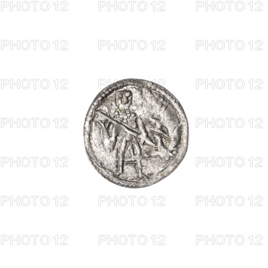 denarius, Boleslaw III Krzywousty (prince of Poland; 1107–1138), allegories, Boleslaw III Krzywousty (prince of Poland; 1086–1138), spearhead (issue mark), chain mail (iconographic), equal-armed cross (iconographic), chain mail, crosses, knight (iconographic), martyrs, Romanesque (style), knights, dragons, jaws, jaw (iconographic), Middle Ages, dragon (iconographic), fight between good and evil (iconographic), spear (iconographic), Adalbert (Saint; ca. 956–997), spears, fight against pagans, Obv. In the beaded border, a knight in chain mail thrusting a spearhead into the jaws of a dragon turned upside down. Rv. In the triple beaded border, an isosceles cross topped with balls. Between its arms, one ball (two of them with one dot)., ca. 1125–1138, Poland, Kraków, coin, diameter 12.3–12.7 mm, weight 0.29 g