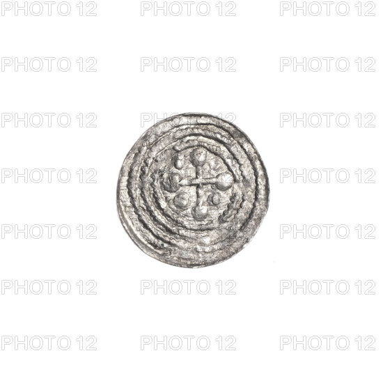 denarius, Boleslaw III Krzywousty (prince of Poland; 1086–1138/ruled 1107–1138), Romanesque, Middle Ages, ca. 1125–1138, Poland, Kraków; coin (denarius); diameter 12.3–12.7 mm; weight 0.29 g. Obverse: in beaded border, a knight in chain mail thrusting a spearhead into the jaws of a dragon turned upside down (iconography: knight, chain mail, spearhead, dragon, fight between good and evil, fight against pagans, martyrs, Adalbert). Reverse: in triple beaded border, an isosceles (equal-armed) cross topped with balls; between its arms one ball (two of them with one dot). Icons/attributes: spear, spears, crosses, jaw/jaws, knights, dragons.