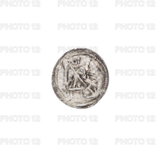 denarius, Boleslaw III Krzywousty (prince of Poland; 1086–1138), allegories, spearhead (issue mark), chain mail (iconographic), equal-armed cross (iconographic), chain mails, crosses, jaws (iconographic), knight (iconographic), martyrs, Romanesque (style), jaws, dragons, knights, Middle Ages, dragon (iconographic), fight between good and evil (iconographic), Adalbert (Saint; ca. 956–997), fight against pagans (iconographic), spear (iconographic), spears. Obv.: In the beaded border, a knight in chain mail thrusting a spearhead into the jaws of a dragon turned upside down. Rv.: In the triple beaded border, an isosceles cross topped with balls; between its arms, one ball. ca. 1125–1138, Poland, Kraków, coin, diameter 11.6–12.0 mm, weight 0.38 g