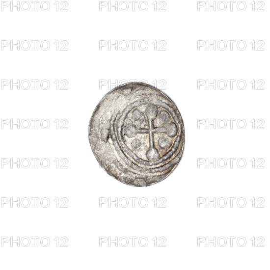 denarius, Boleslaw III Krzywousty (prince of Poland; 1086-1138; reign 1107-1138), allegories, spearhead (issue mark), chain mail (iconographic), equal-armed cross (iconographic), chain mails, crosses, jaws (iconographic), knight (iconographic), martyrs, Romanesque (style), jaws, dragons, knights, Middle Ages, dragon (iconographic), fight between good and evil (iconographic), Adalbert (Saint; ca. 956-997), fight against pagans (iconographic), spear (iconographic), spears; Obv. In the beaded border, a knight in chain mail thrusting a spearhead into the jaws of a dragon turned upside down. Rv. In the triple beaded border, an isosceles cross topped with balls. Between its arms, one ball. ca. 1125–1138, Poland, Kraków, coin, diameter 11.6–12.0 mm, weight 0.38 g