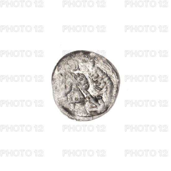 denarius, Boleslaw III Krzywousty (prince of Poland; 1107–1138), allegories, Boleslaw III Krzywousty (prince of Poland; 1086–1138), equal-armed cross, crosses, chain mail, chain mails, mouth, martyrs, spearhead (issue mark), Romanesque (style), knight, knights, mouths, dragon, dragons, Middle Ages, Adalbert (St.; ca. 956–997), spears, spear, fight between good and evil, fight against pagans, Obv. In the linear border, a knight in chain mail thrusting a spearhead into the jaws of a dragon turned upside down. Rv. In the triple beaded border, an isosceles cross topped with balls. Between its arms, in two quarters, one ball, in the next two, one sun. ca. 1125–1138, Poland, Kraków, coin, diameter 12.8 mm, weight 0.39 g