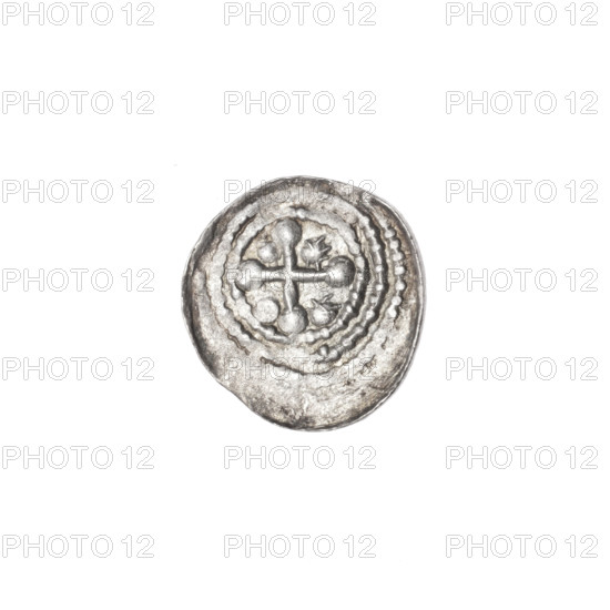 denarius, Boleslaw III Krzywousty (prince of Poland; 1086–1138), allegories, equal-armed cross, chain mail, knight, dragon, Adalbert (St.; ca. 956–997), spears, fight between good and evil, fight against pagans, Romanesque (style). Obv.: In the linear border, a knight in chain mail thrusting a spearhead into the jaws of an upside-down dragon. Rv.: In the triple beaded border, an isosceles cross topped with balls; between its arms, in two quarters, one ball, in the next two, one sun. ca. 1125–1138. Poland, Kraków. Coin; diameter 12.8 mm; weight 0.39 g.