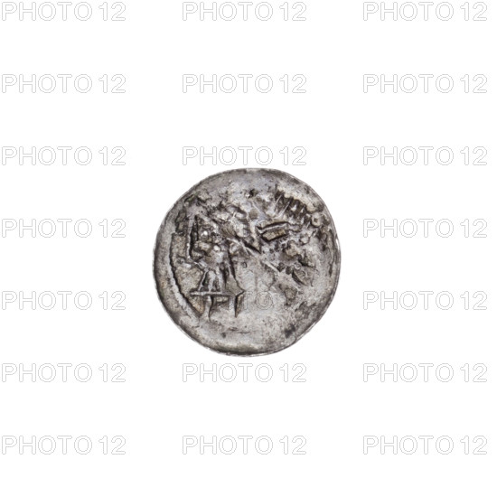 Denarius of Boleslaw III Krzywousty (prince of Poland; 1086–1138 / 1107–1138). Obverse: in the beaded border, a knight in chain mail thrusting a spearhead into the jaws of an upside-down dragon. Reverse: in the double beaded border, an isosceles cross topped with balls (two of them with dots); between its arms, one ball (three of them with dots). Iconography: spearhead, spears, chain mail, knights, dragons, cross (equal-armed), martyrs, mouths, fight between good and evil, fight against pagans, Adalbert (Saint, ca. 956–997). Romanesque style. Coin; c. 1125–1138; Poland, Kraków. Diameter: 12.2–12.6 mm; weight: 0.35 g.