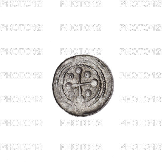 denarius, Boleslaw III Krzywousty (prince of Poland; 1086–1138), spearhead (issue mark), allegories, chain mail (iconographic), crosses, equal-armed cross (iconographic), martyrs, mouth (iconographic), knight (iconographic), Romanesque (style), fight between good and evil (iconographic), Middle Ages, fight against pagans (iconographic), dragons, dragon (iconographic), spear (iconographic), Adalbert (Saint; ca. 956–997), spears. Av. In the beaded border, a knight in chain mail thrusting a spearhead into the jaws of a dragon turned upside down. Rv. In the double beaded border, an isosceles cross topped with balls (two of them with dots). Between its arms, one ball (three of them with dots). c. 1125–1138. Poland, Kraków. Coin. Diameter 12.2–12.6 mm. Weight 0.35 g.