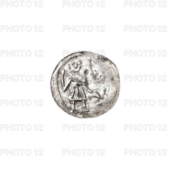 denarius, Boleslaw III Krzywousty (prince of Poland; 1086-1138), allegories, spearhead (issue mark), equal-armed cross, crosses, chainmail, mouth, martyrs, knight, Romanesque (style), knights, dragons, dragon, mouths, Middle Ages, fight between good and evil, fight against pagans, Adalbert (Saint; ca. 956-997), spear, spears. Obverse: in the linear border, a knight in chain mail thrusting a spearhead into the jaws of an upside-down dragon. Reverse: in the triple beaded border, an isosceles cross topped with balls; at the intersection of the arms, a ball; between them, one sun. ca. 1125–1138, Kraków, Poland. Coin; diameter 12.7–13.1 mm; weight 0.36 g.