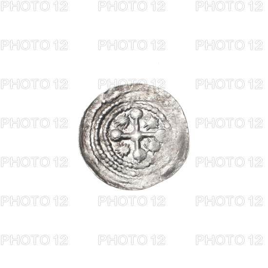 Denarius of Boleslaw III Krzywousty (prince of Poland; ca. 1086–1138), ca. 1125–1138. Obverse: in the linear border, a knight in chain mail thrusting a spearhead into the jaws of an upside-down dragon. Reverse: in the triple beaded border, an isosceles cross topped with balls; at the intersection of the arms, a ball; between the arms, a sun. Attributes/details: allegorical martial imagery (knight, dragon, spears), equal-armed cross, chain mail, Romanesque style; references to martyrs, knights, dragons, fight between good and evil, fight against pagans, Adalbert. Coin; Kraków, Poland. Diameter: 12.7–13.1 mm. Weight: 0.36 g.
