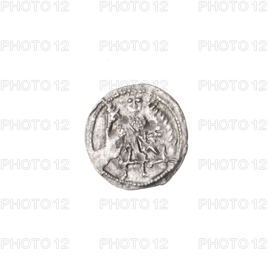 denarius, Boleslaw III Krzywousty (Prince of Poland; 1107–1138), allegories, spearhead (issue mark), crosses, equal-armed cross, chain mail, mouth, martyrs, Romanesque (style), knight, dragons, Adalbert (Saint; ca. 956–997), fight between good and evil, fight against pagans, spears, Middle Ages, spear (iconographic). Obv.: In the beaded border, a knight in chain mail thrusting a spearhead into the jaws of a dragon turned upside down. Rv.: In the triple beaded border, an isosceles cross topped with balls (one of them has a dot). Between its arms, one ball (three of them have a dot). One arm intersects the other at approximately 1/3 of its length. ca. 1125–1138; Poland, Kraków; coin; diameter 11.9–12.3 mm; weight 0.29 g.