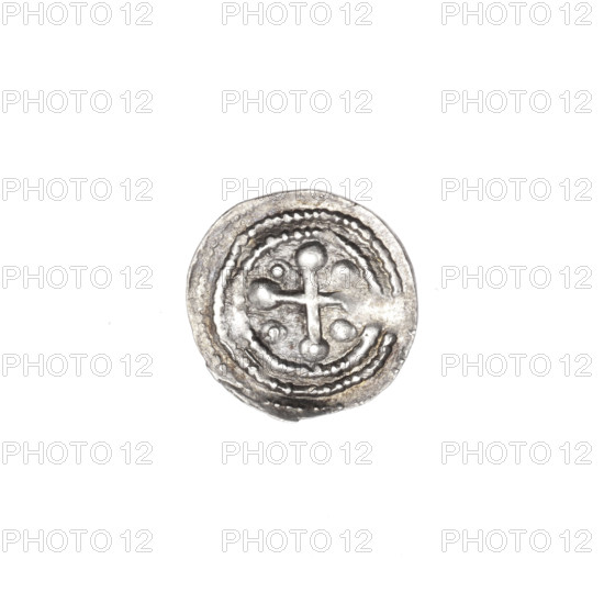 denarius, Boleslaw III Krzywousty (Prince of Poland; 1107–1138), Boleslaw III Krzywousty (Prince of Poland; 1086–1138), allegories, spearhead (issue mark), crosses, equal-armed cross, chain mail, chain mails, mouth, martyrs, Romanesque (style), knight, mouths, dragons, knights, dragon, Adalbert (Saint; ca. 956–997), fight between good and evil, fight against pagans, spears, Middle Ages, spear (iconographic), Kultura + 2014/2015 - visual documentation, Obv. In the beaded border, a knight in chain mail thrusting a spearhead into the jaws of a dragon turned upside down. Rv. In the triple beaded border, an isosceles cross topped with balls (one of them has a dot). Between its arms, one ball (three of them have a dot). One arm intersects the other at approximately 1/3 of its length. ca. 1125–1138. Poland, Kraków. Coin. Diameter 11.9–12.3 mm. Weight 0.29 g.