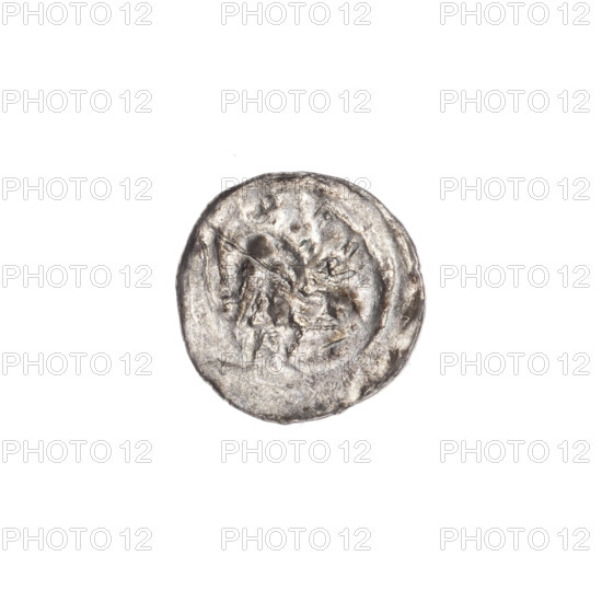 Denarius of Boleslaw III Krzywousty (prince of Poland, ca. 1086–1138). Obverse: in a linear border, a knight in chain mail thrusting a spearhead into the jaws of an upside-down dragon (allegory of the fight between good and evil / fight against pagans; motifs: knight, chain mail, spear, jaws, dragons, martyrs, Romanesque style; possible reference to St. Adalbert). Reverse: in a triple beaded border, an isosceles cross topped with balls; between its arms, a sun. Date ca. 1125–1138. Poland, Kraków. Coin; diameter 12.9–13.2 mm; weight 0.32 g. Makers/attributions: Boleslaw III Krzywousty.