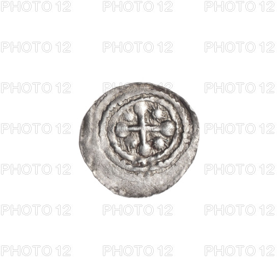 Denarius, Boleslaw III Krzywousty (prince of Poland; 1086–1138). Obverse: in the linear border, a knight in chain mail thrusting a spearhead into the jaws of an upside-down dragon. Reverse: in the triple beaded border, an isosceles cross topped with balls; between its arms, one sun. Allegorical imagery: knights, martyrs, fight between good and evil, fight against pagans; motifs include equal-armed cross, crosses, chain mail, spearhead (issue mark), spear(s), jaws, dragons, Adalbert (St.; ca. 956–997). Romanesque style. Date: ca. 1125–1138. Place: Poland, Kraków. Coin (denarius). Diameter: 12.9–13.2 mm. Weight: 0.32 g.